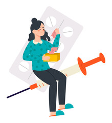 Sick woman with pills and injection and handkerchiefs. Flat design illustration. Vector