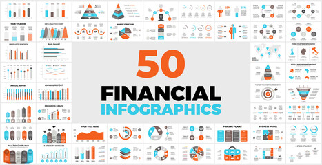 Fototapeta na wymiar 50 Financial Infographic Templates for your Presentation. Perfect for your next Business Project. Includes elements from charts or graphs to diagrams and reports.