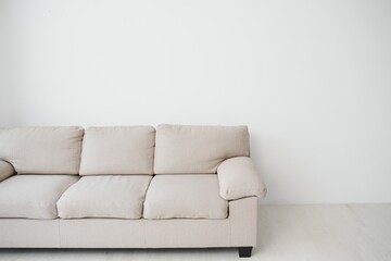 Grey comfortable sofa against white wall in the room