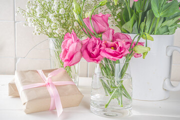 Beautiful spring flowers with gifts