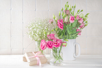 Beautiful spring flowers with gifts