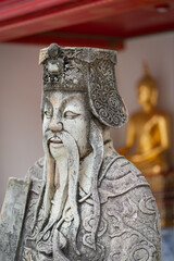 Ancient portrait Chinese warrior stone doll carvings sculpture figures decorating in courtyards the...