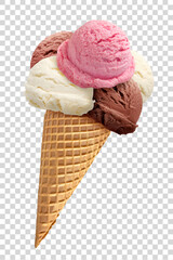 Chocolate, strawberry and vanilla ice cream scoops on wafer cone isolated on pattern background.