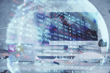 Double exposure of business theme drawing and office interior background. Concept of success