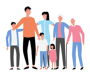 White family woman and man with kids and senior people. Flat design illustration. Vector