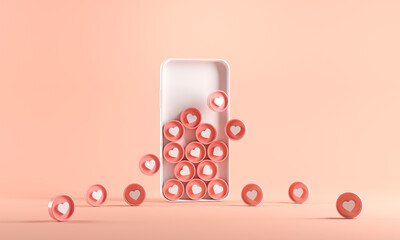 Increase icon hearts and love in smartphone, Valentine day concept. Social media successful marketing strategies, 3d render.