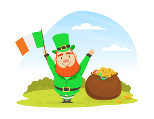 Beautiful Summer Landscape with Leprechaun with Pot of Gold Coins and Irish Flag, St. Patricks Day, Traditional Irish Folklore National Character Vector Illustration