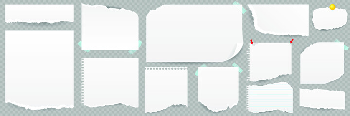 Set of torn sheets of paper with sticky notes notebook isolated on transparent background. Realistic torn paper scraps. Vector illustration