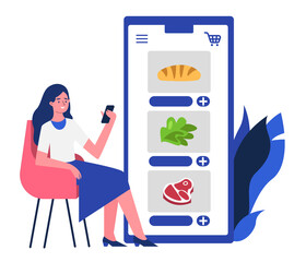 Woman in chair ordering food in online shop. Flat design illustration. Vector