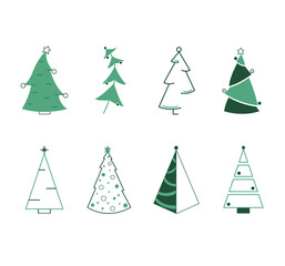 Obraz premium Different Christmas green tree icons set isolated on white background. Modern vector illustration for greeting card, invitation, banner, web or logo design.