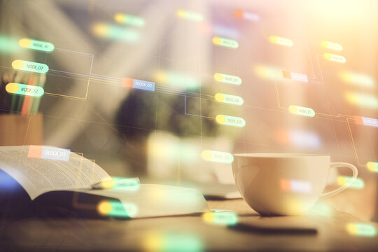 Multi exposure of technology theme drawing and desktop with coffee and items on table background. Concept of data research.