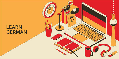 Learn German language isometric concept with open laptop, books, headphones, and coffee.