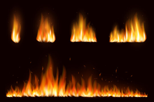 Realistic colorful image line bon fire flame with horizontal reflection smoke and sparks on black background