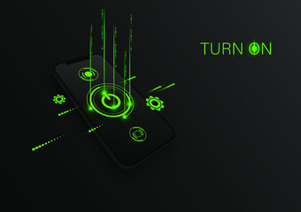 3D smartphone with power button and green binary code effect on black background.