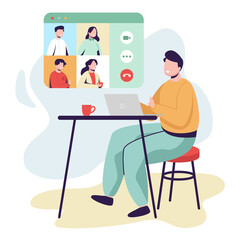 Female sitting in chair, video conference indoors. Flat design illustration. Vector