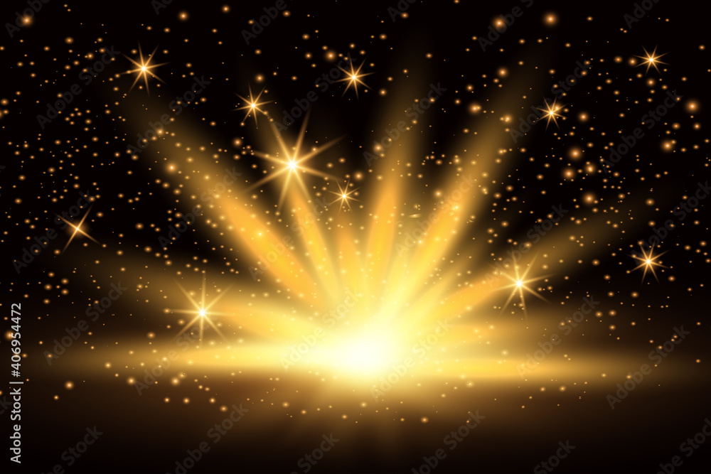 Wall mural Light effect, shining golden bright light. Gold shine burst with sparkles