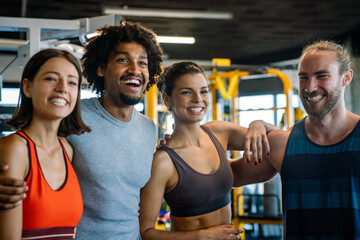 Sport gym exercise and people concept. Happy fit people working out in gym