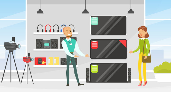 Young Woman Buying TV at Shopping Mall, Male Shop Assistant Helping Her, Modern Electronics Store or Shop Interior Vector Illustration