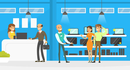 People Choosing and Buying Electronics and Household Appliances at Shopping Mall, Shop Assistants Helping Them, Modern Electronics Store or Shop Interior Vector Illustration