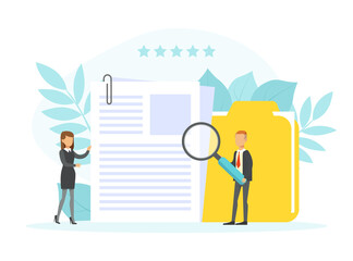Tiny Person Searching for Job, HR manager looking for Candidate with Magnifier, Employment, Career Concept Flat Vector Illustration