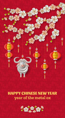 Happy Chinese New Year background with creative white metal ox, hanging lanterns