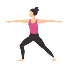 Girl Doing Yoga Exercise, Slim Sporty Young Woman Practicing Warrior Pose Yoga Pose Flat Style Vector Illustration