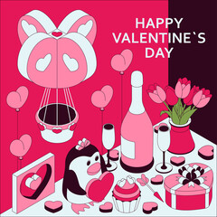 Happy Valentine Day background with cute isometric elements. Greeting card and Love template