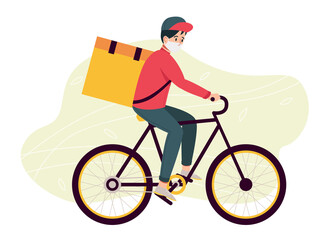 Food delivery man in mask with bag on a bicycle. Flat design illustration. Vector