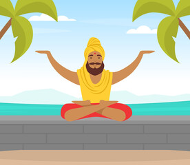 Obraz na płótnie Canvas Hindu in Turban Soaring in the Air and Meditating in Yoga Lotus Position Vector Illustration