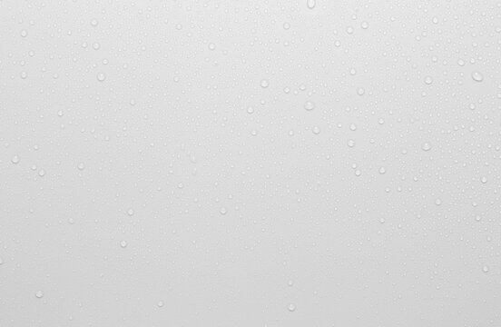 The concept of raindrops falling on a gray background Abstract wet white surface with bubbles on the surface Realistic pure water droplet water drops for creative banner design