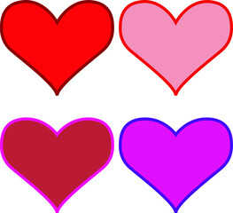 Four shaded red hearts vector shape for valentines day holiday, colorful dark red/black heart shape with flat colorization
