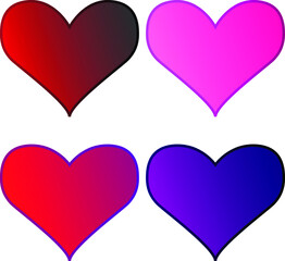 Four shaded red hearts vector shape for valentines day holiday, colorful dark red/black hearts shape with gradient colorization