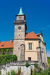 Fototapeta na wymiar The tower of Hruba Skala Castle surrounded by Czech Paradise Park , Czech Republic