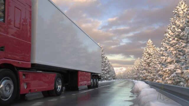 Front view of a semi-trailer truck passing the camera while driving along a countryside road through a snowy winter landscape. Logistics concept. Realistic high quality 3d animation.