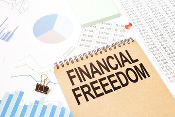 Notepad with text FINANCIAL FREEEDOM. Diagram and white background