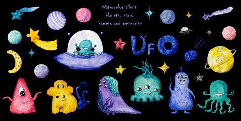 Set of cute aliens and multicolored planets, stars, comets, meteorite, spaceship, UFO. Watercolor hand-drawn elements. Isolated. Black background. Children's illustration © Viktoria Skripkina