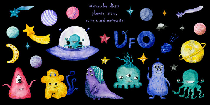 Set of cute aliens and multicolored planets, stars, comets, meteorite, spaceship, UFO. Watercolor hand-drawn elements. Isolated. Black background. Children's illustration