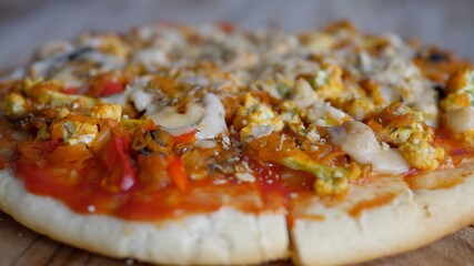 Healthy Sliced Vegan Pizza With Vegan Cheese, Vegetables And Mushrooms