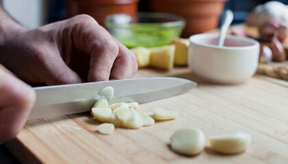 Chopping garlic activity -  male cook is slicing the garlic cloves.