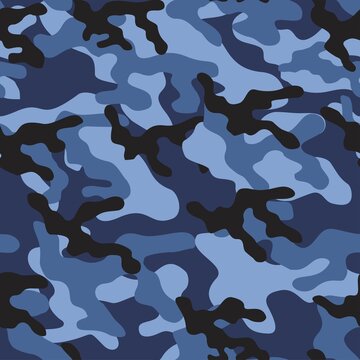 Camouflage pattern background. Classic clothing style masking camo repeat print. Blue grey colors urban, navy or airforce texture. Design element. Vector illustration.