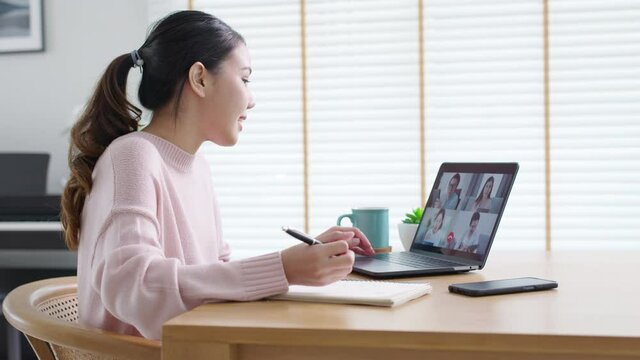 Business woman talking about sale report in video conference. Asian team using laptop and tablet online meeting in video call.Working from home, Working remotely and Social isolation.