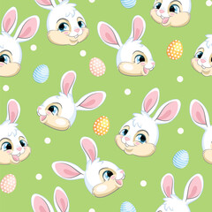 Seamless vector pattern with heads of white bunnies