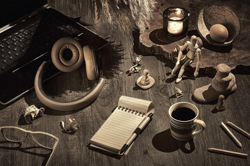 Creative writing concept, retro look. Concept still life, arrangement on dark wooden table. Open...