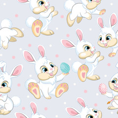 Seamless vector pattern white bunnies soft gray