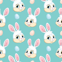 Seamless pattern with heads of white rabbits turquoise