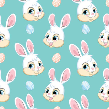 Seamless pattern with heads of white rabbits turquoise