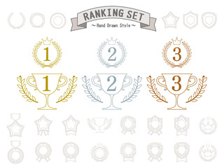 サインペン風手描きのランキング素材セット。月桂冠付きトロフィー
