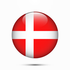 Denmark flag vector circle shape button. Clear circle isolated Denmark flag background button. Transparent glossy glass button. Vector Illustration