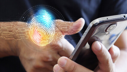 Businessman login with fingerprint scanning technology. fingerprint to identify personal, security...
