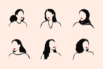 Abstract monochrome females no face with red lips portraits in linear style. Strong women of different ethnicities and cultures. Vector illustration